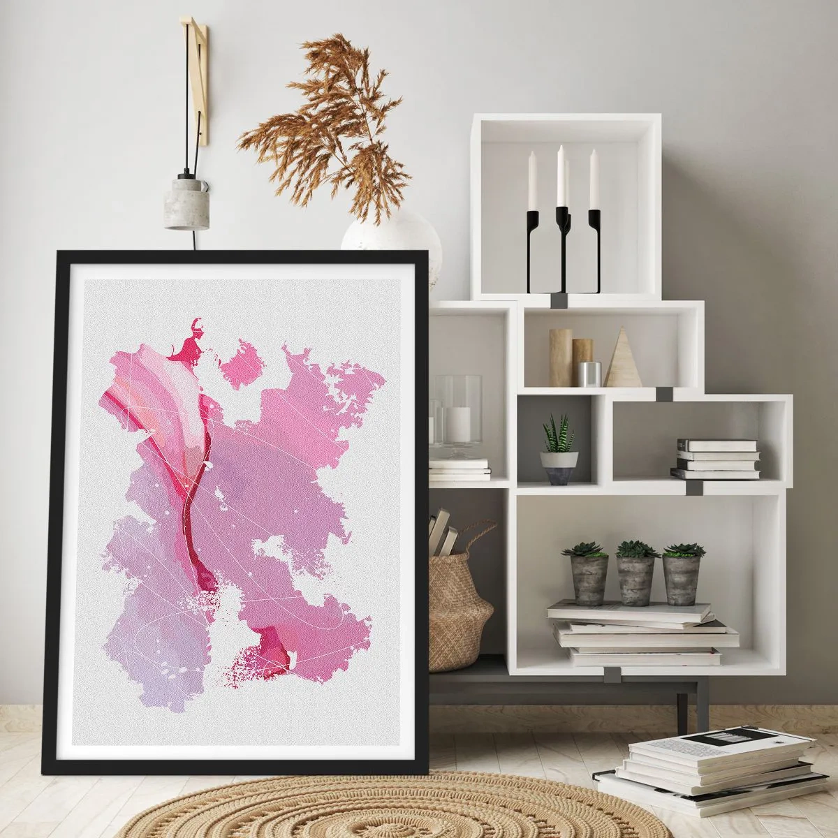 Póster en marco negro - Mapa de un mundo rosa - 30x40 cm