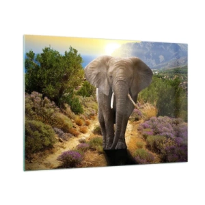 Cuadro sobre vidrio - Impresiones sobre Vidrio - Un elefante frente a un paisaje montañoso al atardecer. - 100x70cm - Este es el aspecto del Edén - Decoración de pared moderna para salón y dormitorio ARTTOR