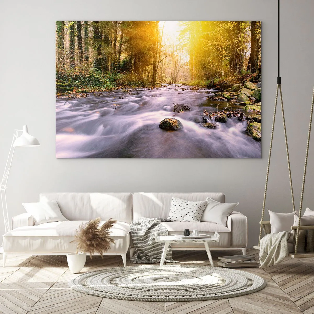 Cuadro sobre vidrio - Impresiones sobre Vidrio - Arroyo del bosque a la luz del sol - 100x70cm - Malaquita en un marco de plata y oro - Decoración de pared moderna para salón y dormitorio ARTTOR