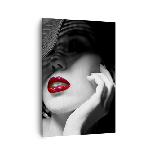 Cuadro sobre lienzo - Impresión de Imagen - Retrato en blanco y negro de una mujer con labios rojos. - 70x100cm - Estudio en escarlata - Decoración de pared moderna para salón y dormitorio ARTTOR