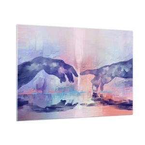 Cuadro sobre vidrio - Impresiones sobre Vidrio - Manos abstractas acercándose una a la otra sobre un fondo pastel. - 100x70cm - Chispa divina de vida - Decoración de pared moderna para salón y dormitorio ARTTOR