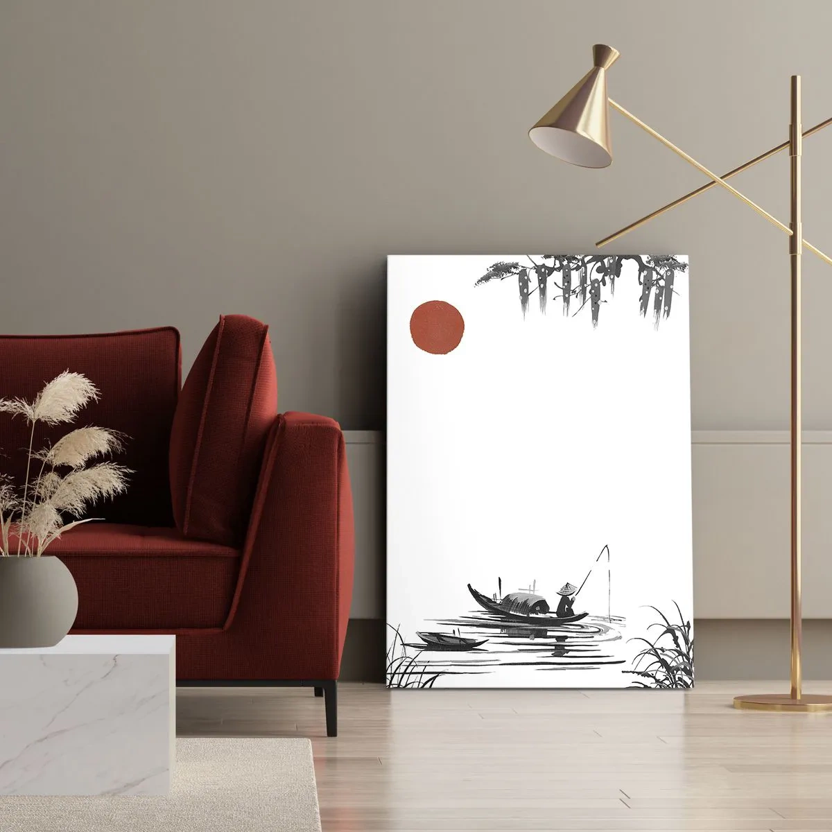Cuadro sobre lienzo - Impresión de Imagen - Paisaje oriental con un pescador en un barco y un sol rojo. - 50x70cm - Una tarde asiática - Decoración de pared moderna para salón y dormitorio ARTTOR