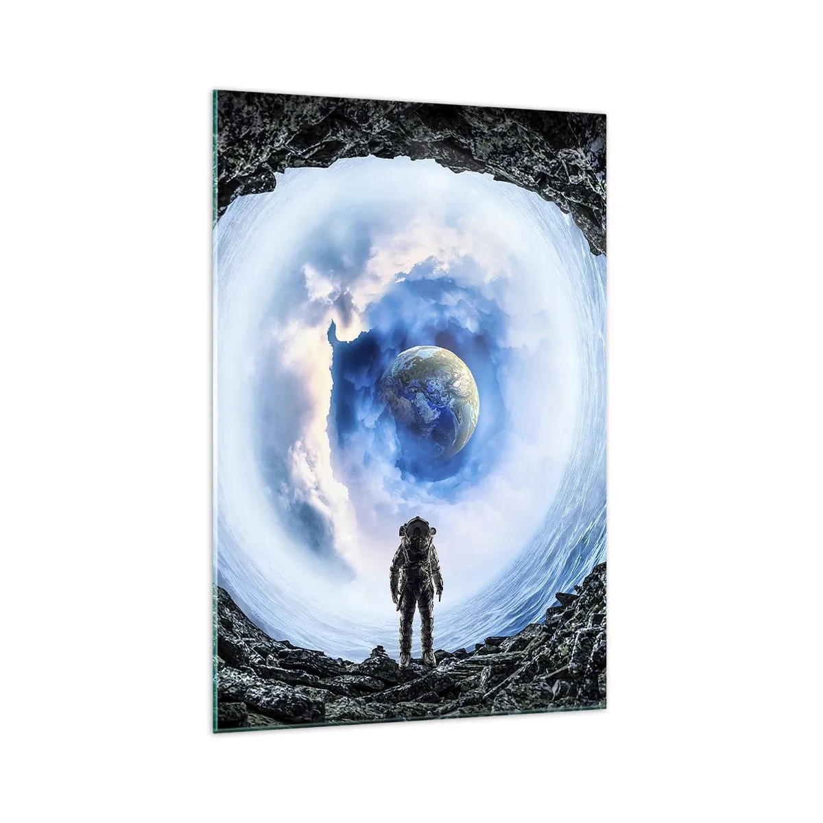 Cuadro sobre vidrio - Impresiones sobre Vidrio - Astronauta frente a un paisaje espacial con la Tierra al fondo - 70x100cm - No muy lejos de casa - Decoración de pared moderna para salón y dormitorio ARTTOR