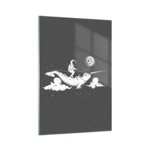 Cuadro sobre vidrio - Impresiones sobre Vidrio - Un astronauta en el lomo de un narval flotando en una escena espacial. - 70x100cm - Jinete espacial - Decoración de pared moderna para salón y dormitorio ARTTOR