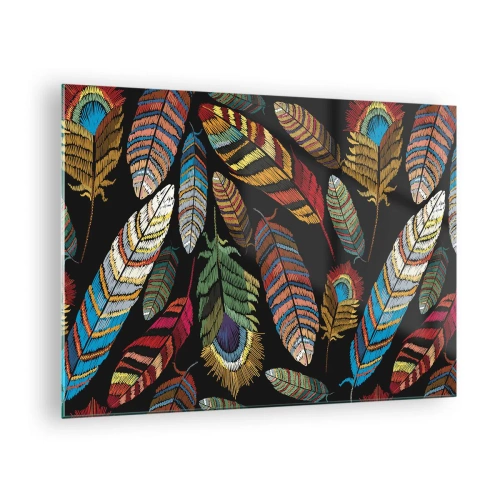 Cuadro sobre vidrio - Impresiones sobre Vidrio - Plumas de colores sobre un fondo oscuro en un patrón artístico. - 70x50cm - Carnaval de las aves - Decoración de pared moderna para salón y dormitorio ARTTOR