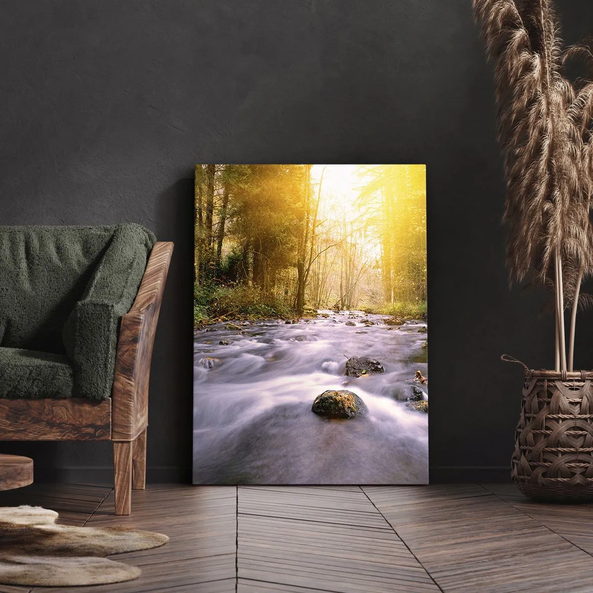 Cuadro sobre lienzo - Impresión de Imagen - Malaquita en un marco de plata y oro - 45x80 cm