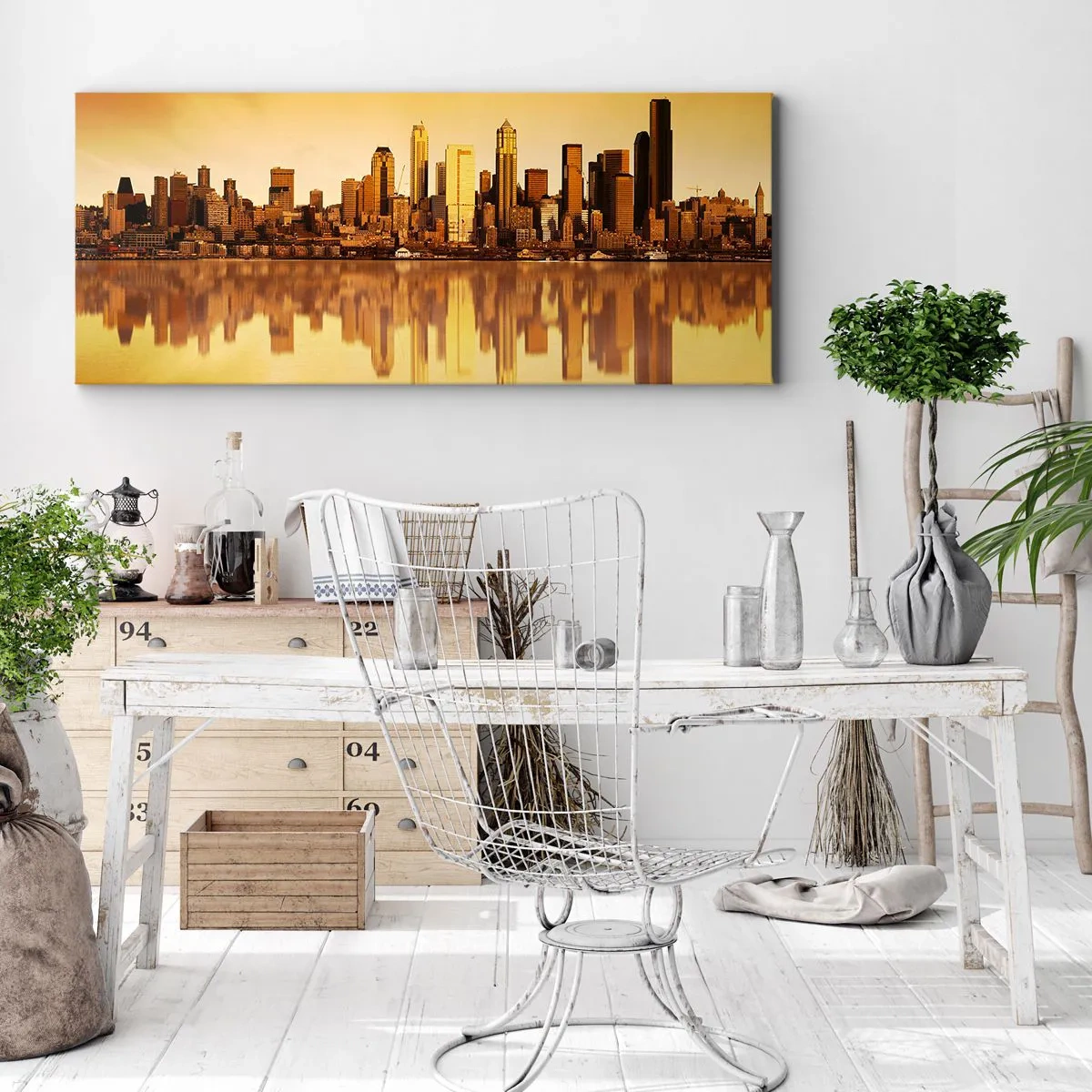 Cuadro sobre lienzo - Impresión de Imagen - Panorama de la ciudad reflejado en el agua al atardecer - 120x50cm - El silencio de la metrópoli - Decoración de pared moderna para salón y dormitorio ARTTOR