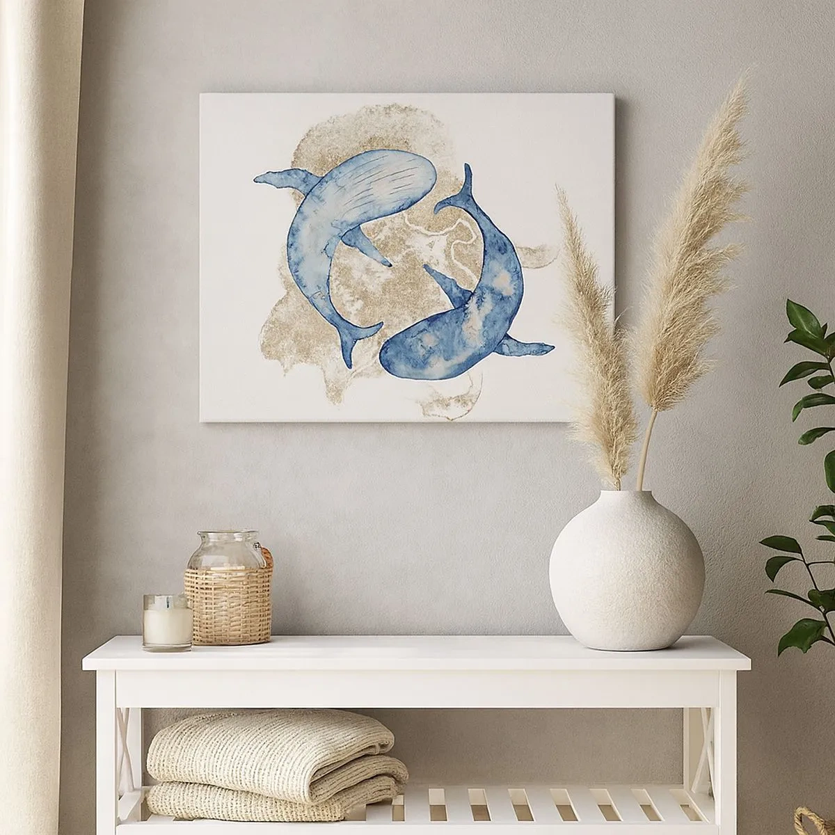 Cuadro sobre lienzo - Impresión de Imagen - Ballenas azules abstractas sobre un fondo claro - 70x50cm - ¿Amistad o amor? - Decoración de pared moderna para salón y dormitorio ARTTOR