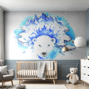 Fotomural Premium Sand - Un oso polar frente a un glaciar en una ilustración artística. - 100x70cm - El rey del Ártico con una corona de hielo - Decoración de pared moderna para salón y dormitorio ARTTOR