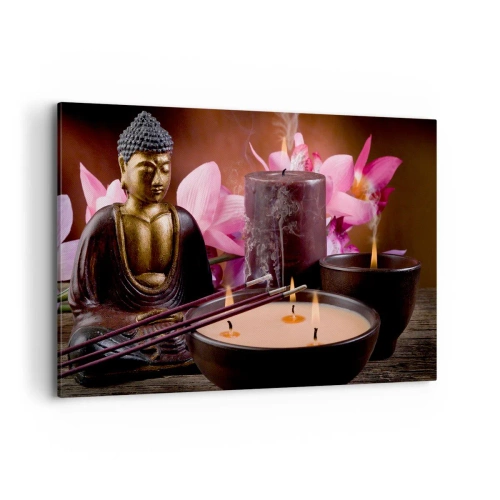 Cuadro sobre lienzo - Impresión de Imagen - Figura de Buda con velas encendidas y varillas de incienso. - 120x80cm - Despejar la mente, calmar el cuerpo - Decoración de pared moderna para salón y dormitorio ARTTOR