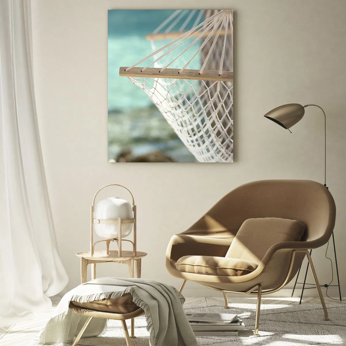 Cuadro sobre vidrio - Impresiones sobre Vidrio - Una hamaca con vistas a las cristalinas aguas turquesas. - 50x70cm - Momento de relax - Decoración de pared moderna para salón y dormitorio ARTTOR