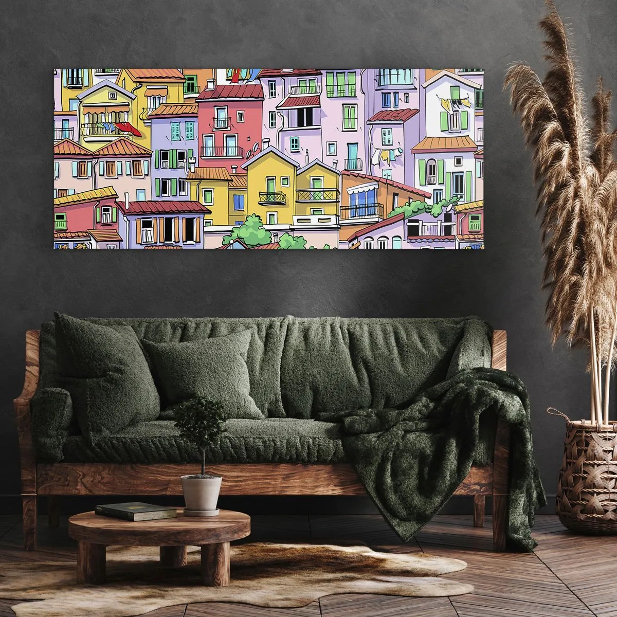 Cuadro sobre lienzo - Impresión de Imagen - Casas de vecindad coloridas en un estilo animado y alegre - 120x50cm - Ciudad alegre - Decoración de pared moderna para salón y dormitorio ARTTOR