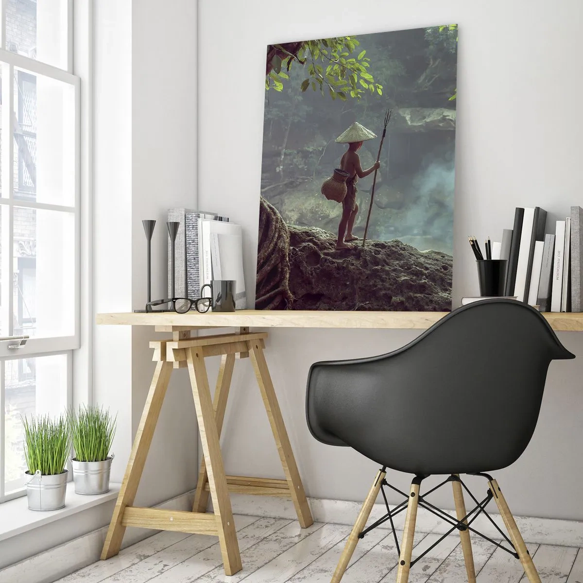 Cuadro sobre vidrio - Impresiones sobre Vidrio - Una figura con una lanza en una cascada en un bosque tropical. - 70x100cm - Amistad con la naturaleza - Decoración de pared moderna para salón y dormitorio ARTTOR