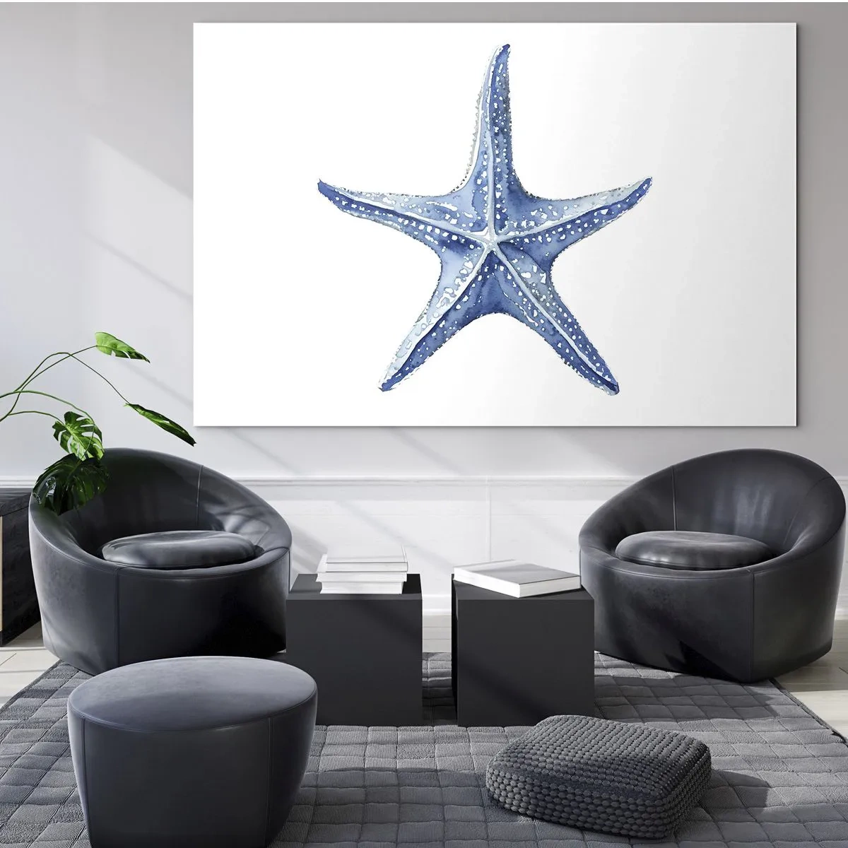 Cuadro sobre vidrio - Impresiones sobre Vidrio - Estrella de mar azul sobre un fondo blanco en estilo acuarela. - 70x50cm - Estrella de mar - Decoración de pared moderna para salón y dormitorio ARTTOR