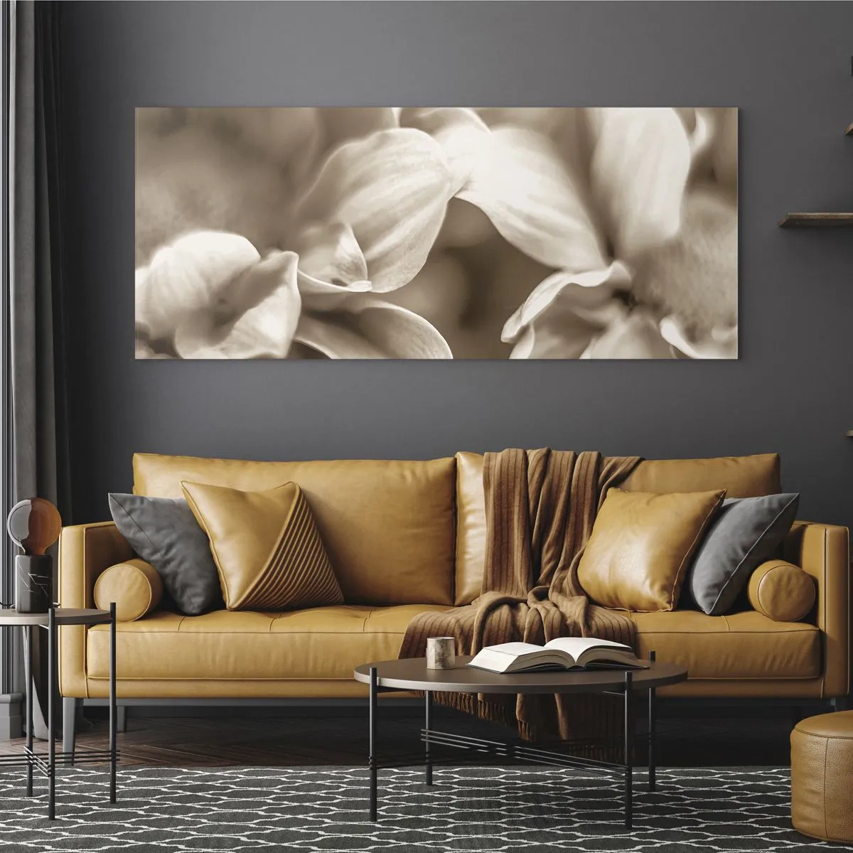 Cuadro sobre vidrio - Impresiones sobre Vidrio - Primer plano de flores en un delicado tono sepia con contornos suaves. - 120x50cm - Suave como una sonrisa - Decoración de pared moderna para salón y dormitorio ARTTOR