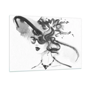 Cuadro sobre vidrio - Impresiones sobre Vidrio - Retrato en blanco y negro de una mujer con sombrero. - 120x80cm - Una dama con carácter - Decoración de pared moderna para salón y dormitorio ARTTOR