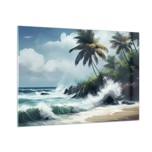 Cuadro sobre vidrio - Impresiones sobre Vidrio - Olas rompiendo contra las rocas junto a las palmeras en una playa tropical - 100x70cm - En una costa tropical - Decoración de pared moderna para salón y dormitorio ARTTOR