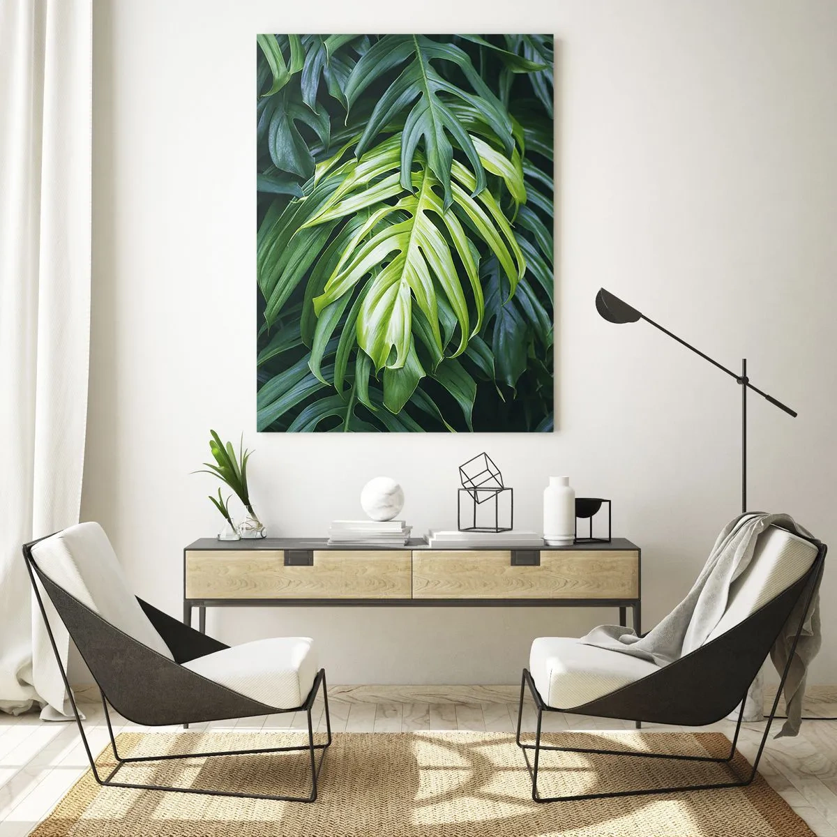 Cuadro sobre vidrio - Impresiones sobre Vidrio - Hojas verdes en un denso arreglo tropical. - 70x100cm - Sumérjase en la frescura - Decoración de pared moderna para salón y dormitorio ARTTOR