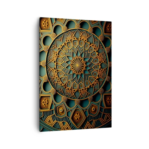 Cuadro sobre lienzo - Impresión de Imagen - Un mandala dorado sobre un fondo turquesa con ricos detalles. - 50x70cm - En un clima árabe - Decoración de pared moderna para salón y dormitorio ARTTOR