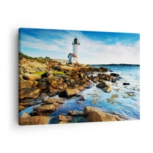 Cuadro sobre lienzo - Impresión de Imagen - Un faro en una costa rocosa en un día soleado. - 70x50cm - Esperando vuestro regreso - Decoración de pared moderna para salón y dormitorio ARTTOR