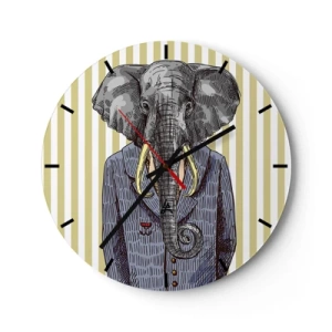 Reloj de pared - Reloj de vidrio - Un elegante dibujo de un elefante con traje sobre un fondo de rayas verticales. - 30x30cm - Elegante por naturaleza - Decoración de pared moderna para salón, cocina y dormitorio ARTTOR