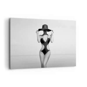 Cuadro sobre lienzo - Impresión de Imagen - Silueta en blanco y negro de una mujer con sombrero contra el fondo del mar. - 100x70cm - Mi nombre es Elegancia - Decoración de pared moderna para salón y dormitorio ARTTOR