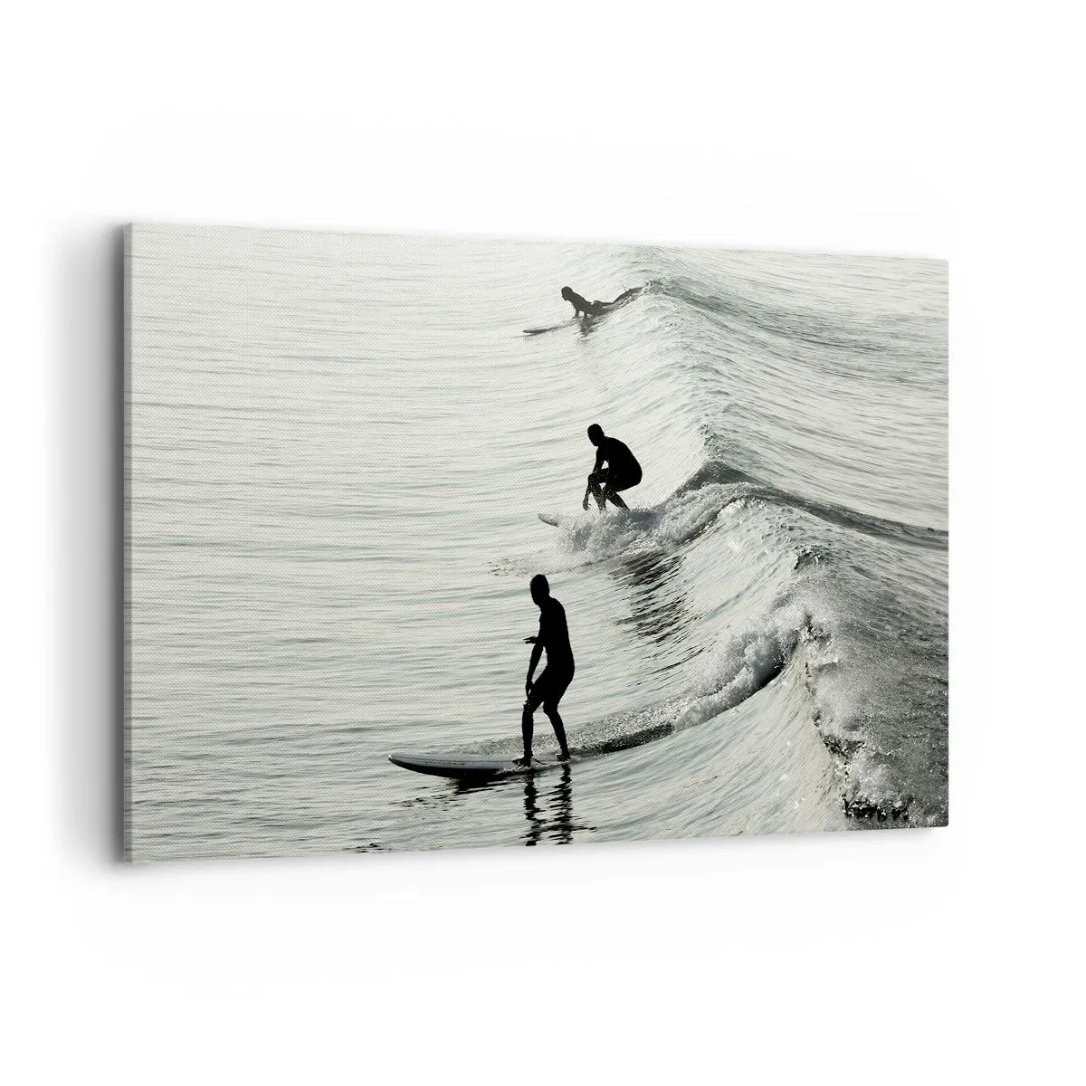 Cuadro sobre lienzo - Impresión de Imagen - Surfistas en las olas en una toma monocromática - 120x80cm - Al encuentro de la ola - Decoración de pared moderna para salón y dormitorio ARTTOR