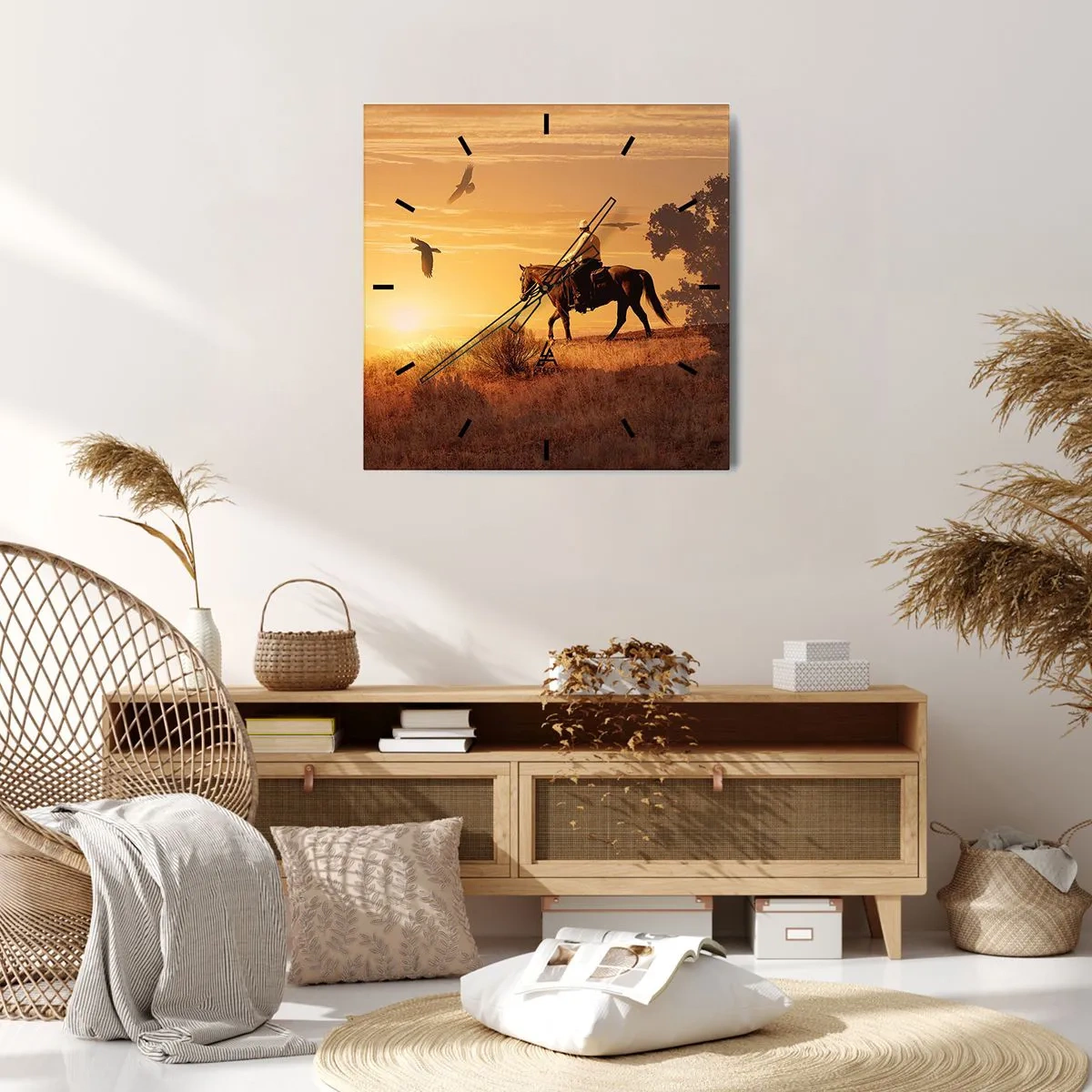Reloj de pared - Reloj de vidrio - Un jinete a caballo al atardecer contra la pradera. - 30x30cm - Solo a través de la pradera - Decoración de pared moderna para salón y dormitorio ARTTOR