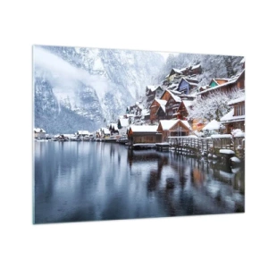 Cuadro sobre vidrio - Impresiones sobre Vidrio - Un pueblo de montaña junto a un lago, cubierto de nieve en un paisaje invernal. - 70x50cm - En un decorado de invierno - Decoración de pared moderna para salón y dormitorio ARTTOR
