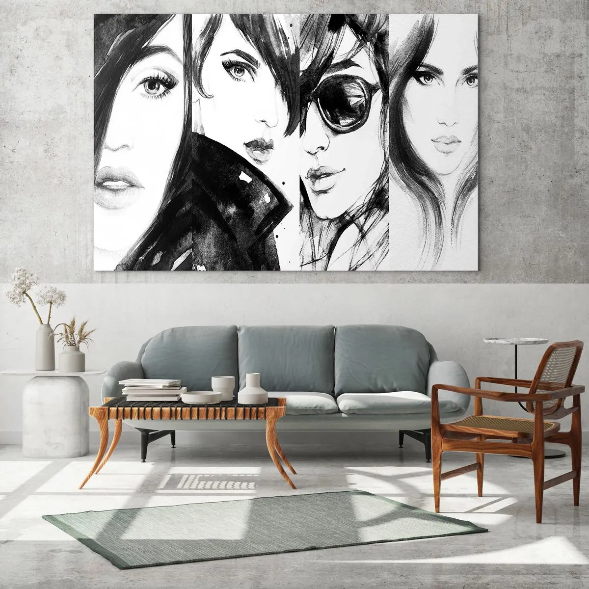 Cuadro sobre vidrio - Impresiones sobre Vidrio - Retratos esquemáticos de mujeres en blanco y negro - 100x70cm - La belleza multiplicada - Decoración de pared moderna para salón y dormitorio ARTTOR