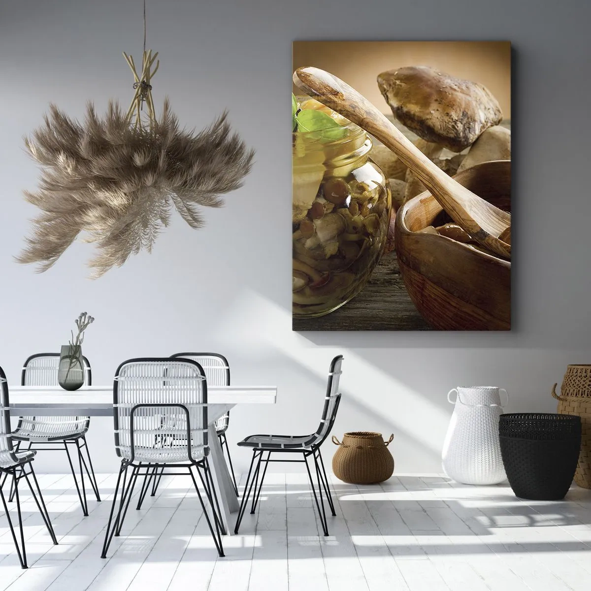 Cuadro sobre lienzo - Impresión de Imagen - Setas naturales en un tarro sobre una mesa rústica - 70x100cm - Ya sea fresco, o salado, o de temporada de otoño.... - Decoración de pared moderna para salón y dormitorio ARTTOR