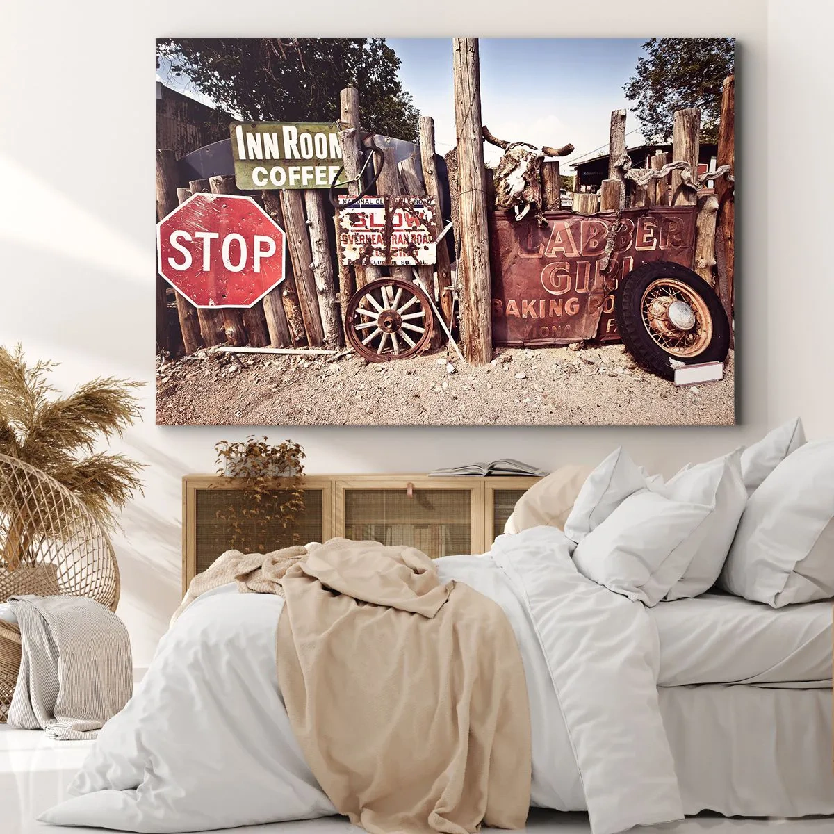 Cuadro sobre lienzo - Impresión de Imagen - Decoraciones rústicas con letreros y una rueda en la valla. - 100x70cm - Y el tiempo se detuvo - Decoración de pared moderna para salón y dormitorio ARTTOR