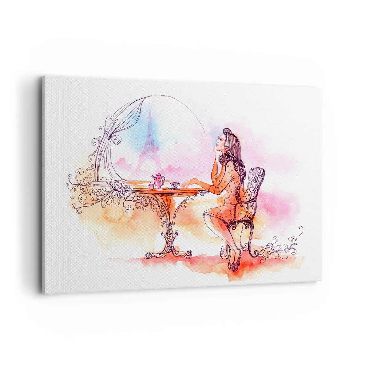 Cuadro sobre lienzo - Impresión de Imagen - Acuarela romántica de una mujer en un café con vistas a una torre. - 120x80cm - Estilo parisino - Decoración de pared moderna para salón y dormitorio ARTTOR