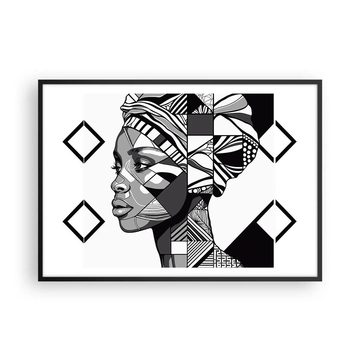 Póster en marco negro - Retrato en blanco y negro de una mujer en estilo étnico. - 100x70cm - Retrato étnico - Decoración de pared moderna para salón y dormitorio ARTTOR