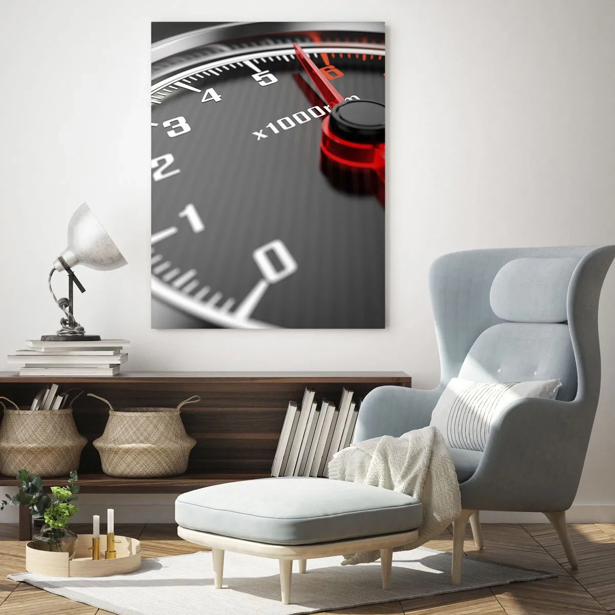 Cuadro sobre vidrio - Impresiones sobre Vidrio - Primer plano del tacómetro con la aguja roja - 80x120cm - Pisa a fondo - Decoración de pared moderna para salón y dormitorio ARTTOR