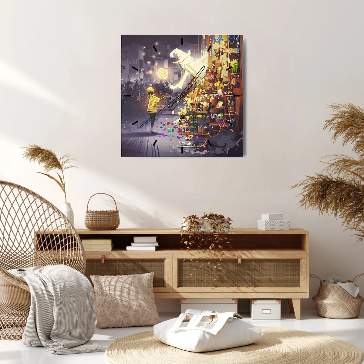 Reloj de pared - Reloj de vidrio - Un personaje de cuento de hadas y un niño en una calle llena de luces y magia. - 30x30cm - Los hechizos existen - Decoración de pared moderna para salón y dormitorio ARTTOR