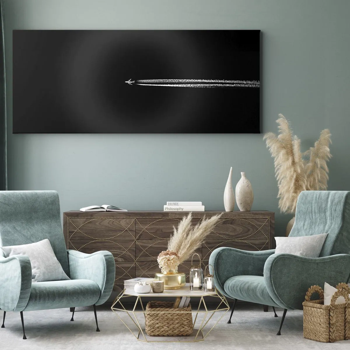 Cuadro sobre lienzo - Impresión de Imagen - Un avión a reacción con una estela de condensación visible sobre un fondo negro. - 140x50cm - En otra dimensión - Decoración de pared moderna para salón y dormitorio ARTTOR