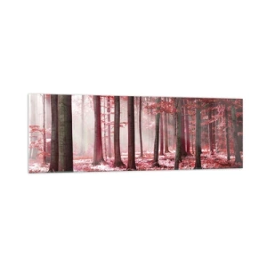 Cuadro sobre vidrio - Impresiones sobre Vidrio - Un impresionante bosque en tonos rojos con rayos de luz que penetran a través de los árboles. - 160x50cm - Rojo como el que más - Decoración de pared moderna para salón y dormitorio ARTTOR