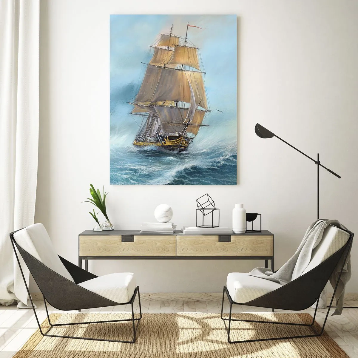 Cuadro sobre vidrio - Impresiones sobre Vidrio - Un velero en un mar tempestuoso en estilo pictórico. - 50x70cm - Surcando las olas - Decoración de pared moderna para salón y dormitorio ARTTOR