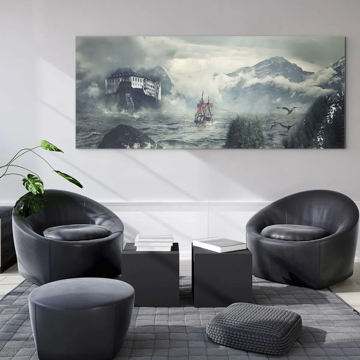 Cuadro sobre vidrio - Impresiones sobre Vidrio - Un paisaje misterioso con un castillo, montañas y un barco. - 140x50cm - En aguas mágicas - Decoración de pared moderna para salón y dormitorio ARTTOR