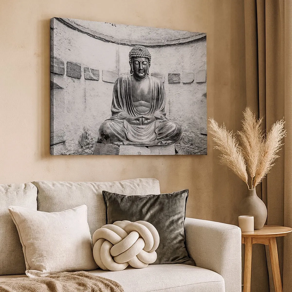 Cuadro sobre lienzo - Impresión de Imagen - Estatua de Buda en blanco y negro en pose meditativa. - 70x50cm - En la fuente de la paz - Decoración de pared moderna para salón y dormitorio ARTTOR