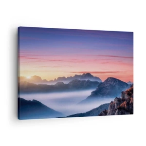 Cuadro sobre lienzo - Impresión de Imagen - Paisaje de montaña al amanecer con niebla en los valles. - 70x50cm - Sobre los valles - Decoración de pared moderna para salón y dormitorio ARTTOR