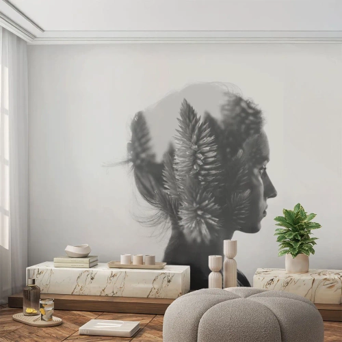 Fotomural Standard Eco - Doble exposición de una mujer y plantas en blanco y negro. - 100x70cm - La dama del bosque de pinos - Decoración de pared moderna para salón y dormitorio ARTTOR