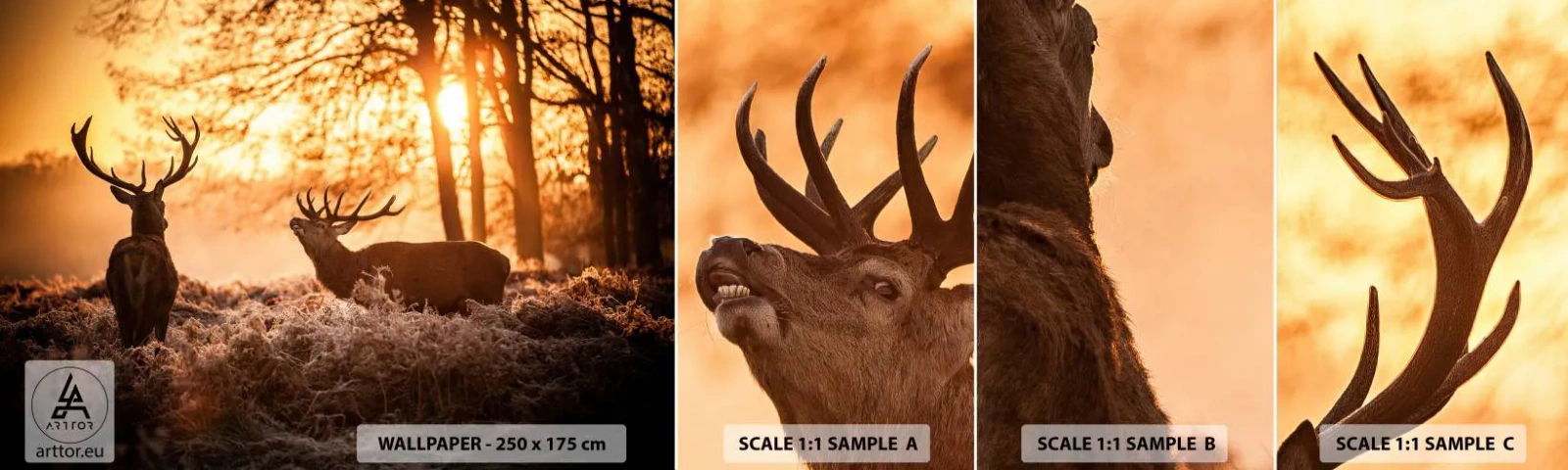 Muestra de fotomural autoadhesivo Deluxe Sticker - El sueño de un cazador - Paisaje, Ciervo, Caza - 100x30 cm