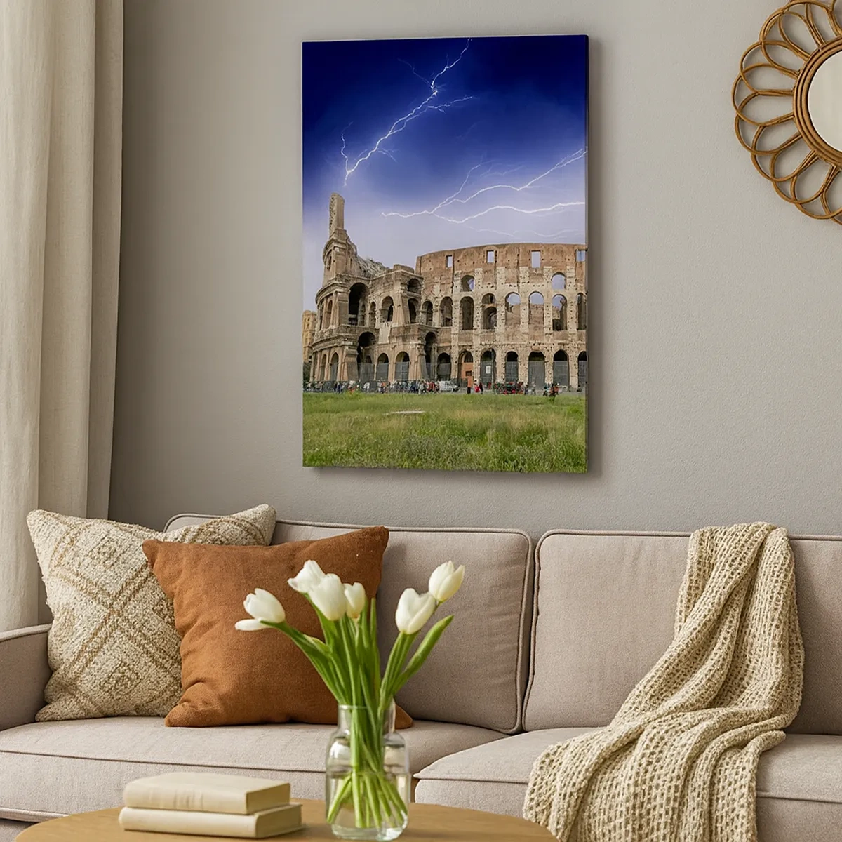 Cuadro sobre lienzo - Impresión de Imagen - El Coliseo de Roma iluminado por un rayo - 50x70cm - Arena de guerreros - Decoración de pared moderna para salón y dormitorio ARTTOR