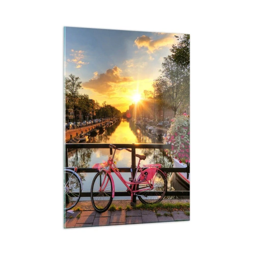 Cuadro sobre vidrio - Impresiones sobre Vidrio - Puesta de sol sobre el canal con bicicletas al fondo - 50x70cm - Mañana de primavera en Ámsterdam - Decoración de pared moderna para salón y dormitorio ARTTOR