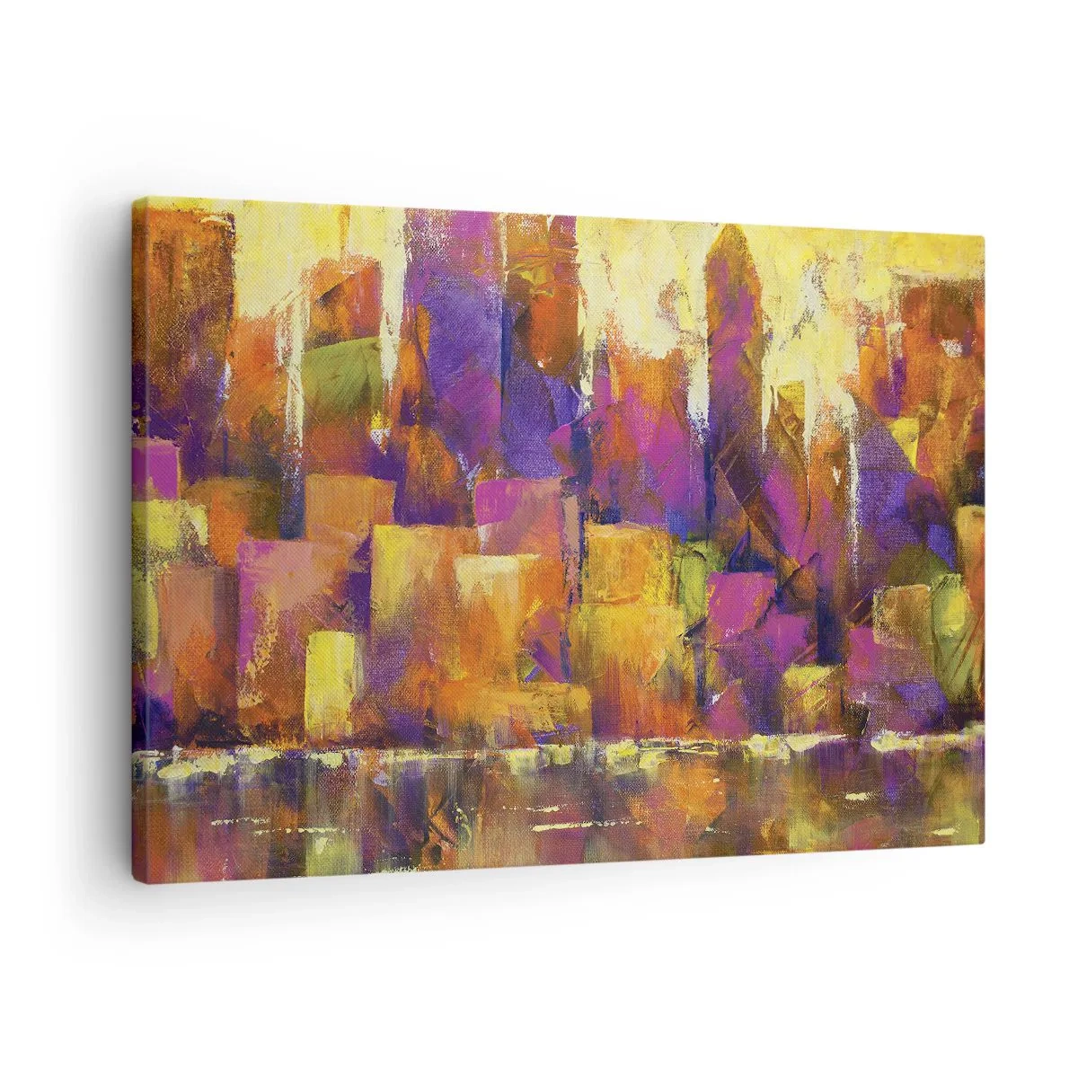 Cuadro sobre lienzo - Impresión de Imagen - Composición abstracta de una metrópolis en tonos amarillos y morados. - 70x50cm - Composición metropolitana - Decoración de pared moderna para salón y dormitorio ARTTOR