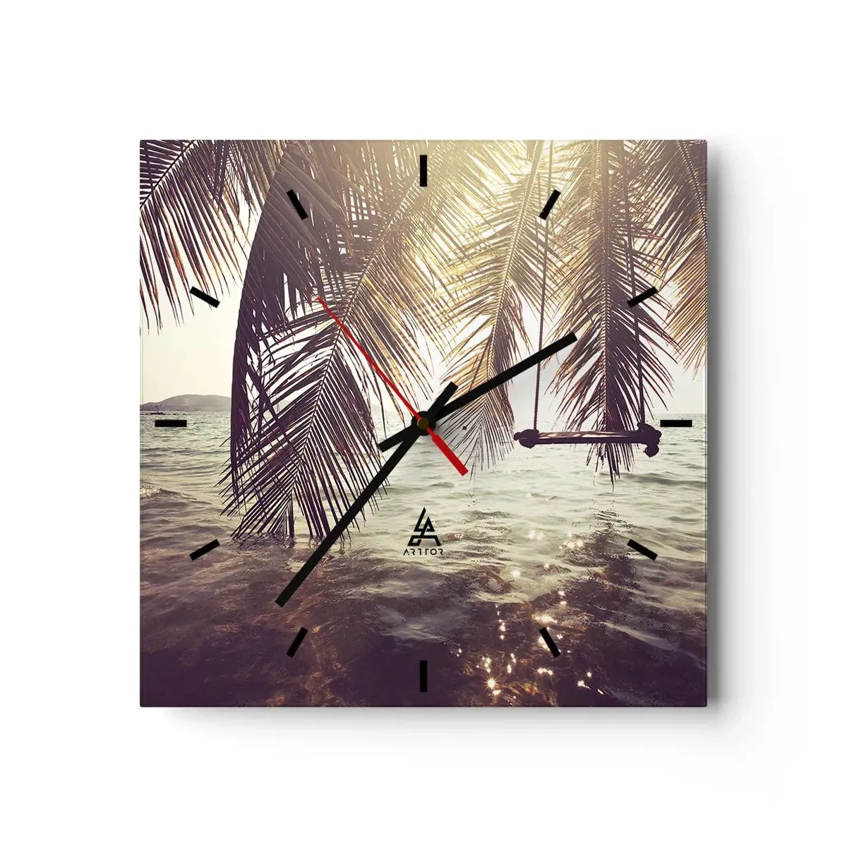 Reloj de pared - Reloj de vidrio - Palmera con columpio sobre el agua bajo la luz del sol. - 30x30cm - Columpiar la imaginación - Decoración de pared moderna para salón y dormitorio ARTTOR