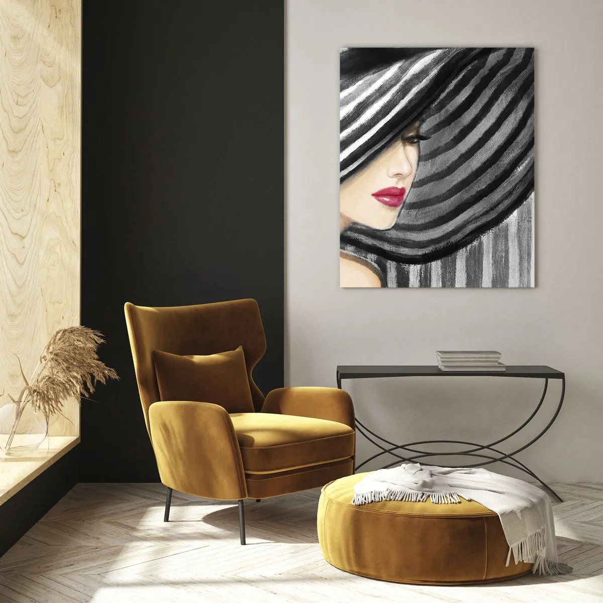 Cuadro sobre vidrio - Impresiones sobre Vidrio - Mujer con un sombrero blanco y negro con acento rojo. - 70x100cm - ¿Dónde puedo encontrarte? - Decoración de pared moderna para salón y dormitorio ARTTOR