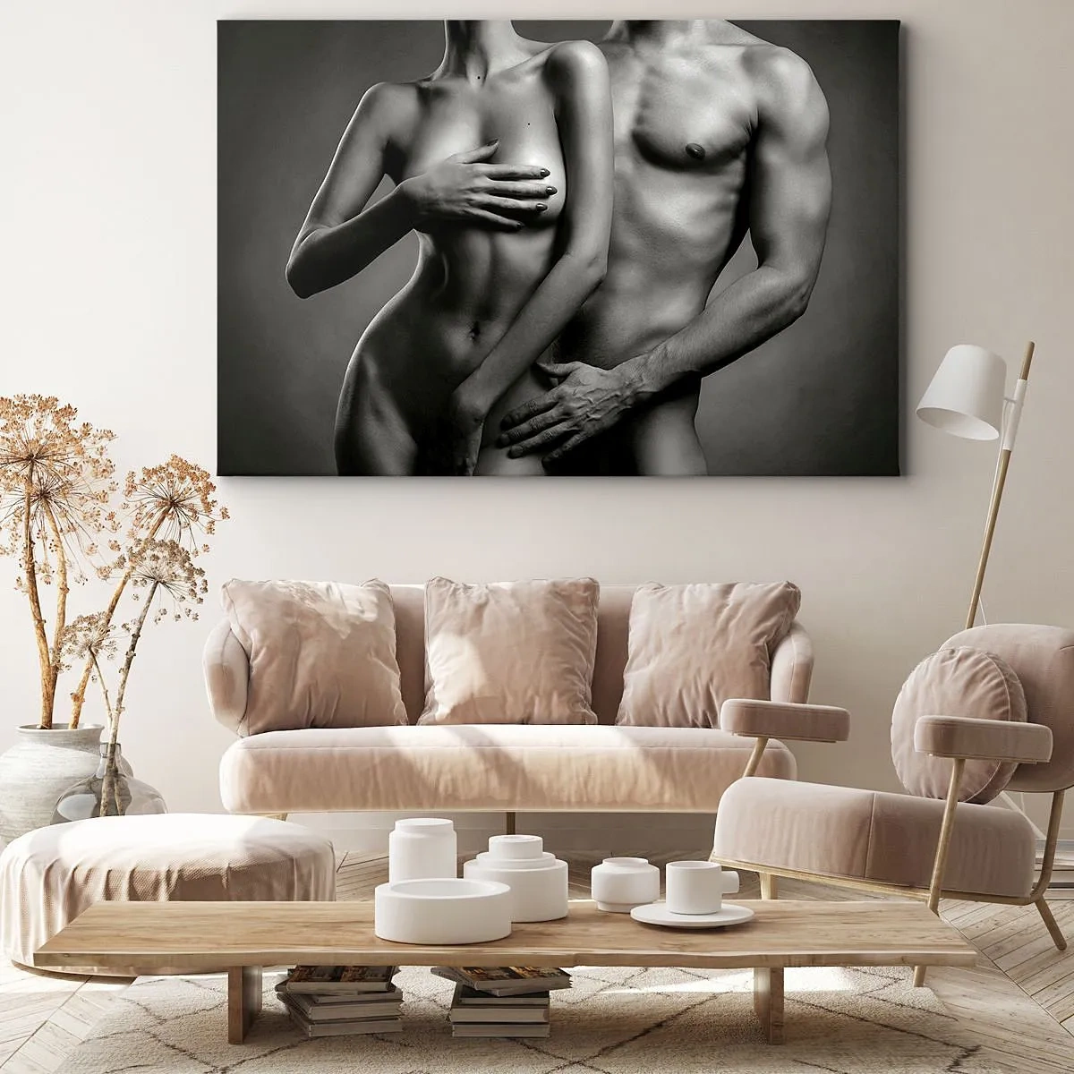 Cuadro sobre lienzo - Impresión de Imagen - Representación en blanco y negro de cuerpos femeninos y masculinos en una pose artística. - 70x50cm - Adán y Eva - Decoración de pared moderna para salón y dormitorio ARTTOR
